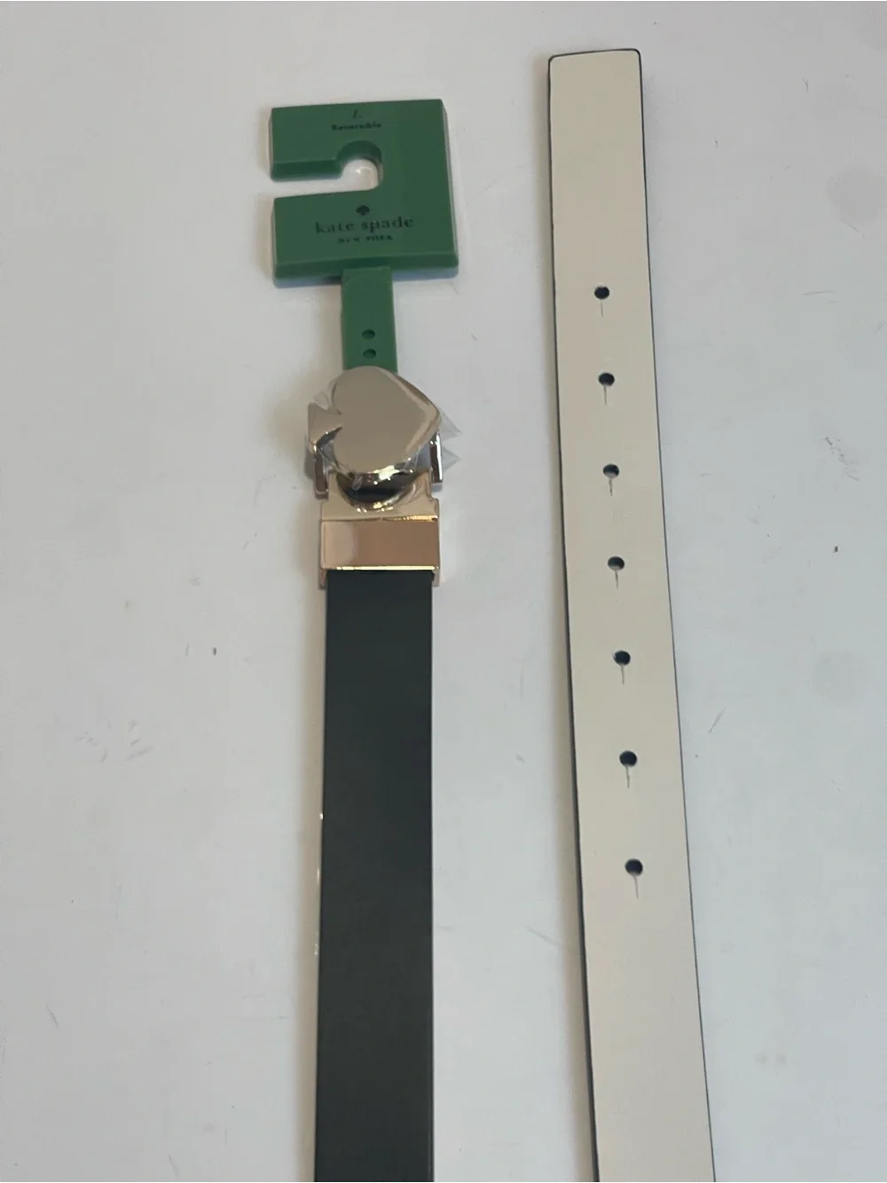 Kate Spade New York Black White Reversible Leather Heart Buckle Belt Size L NWT